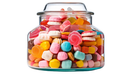 A glass jar overflowing with an assortment of colorful candies on transparent background