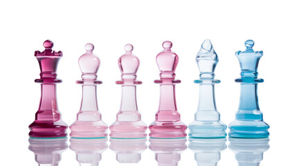 A stunning set of glass chess pieces stand on a white background, ready for a strategic game on transparent background