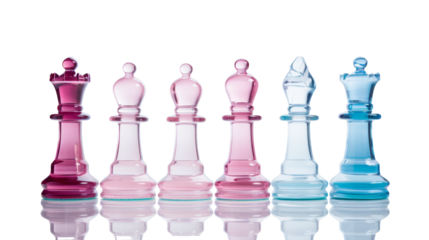 A stunning set of glass chess pieces stand on a white background, ready for a strategic game on transparent background