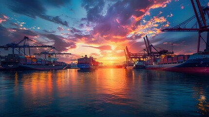 Global Trade Hub in Vibrant Sunset Activity A Shipping Ports Dynamic Cargo Terminal Generative ai