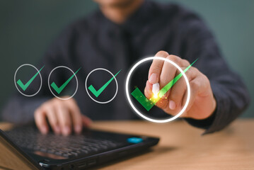 Review online approval, digital research. Document audit inspection, business asset analysis concept. Man inspects data, file check checklist online survey. Efficient document form project management