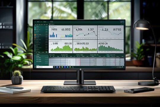 big widescreen monitor with charts and management dashboard in front of office desk professional photography