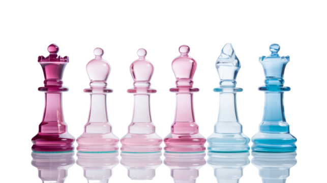 A stunning set of glass chess pieces stand on a white background, ready for a strategic game on transparent background