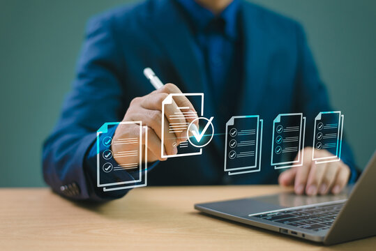 Review online approval, digital research. Document audit inspection, business asset analysis concept. Man inspects data, file check checklist online survey. Efficient document form project management
