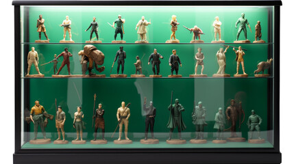 A whimsical display case filled with a variety of unique figurines, each carefully crafted and intricately detailed on transparent background