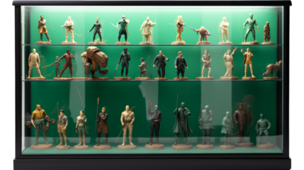 A whimsical display case filled with a variety of unique figurines, each carefully crafted and intricately detailed on transparent background