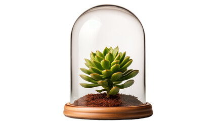 A serene scene of a small green plant thriving under a glass dome, encapsulated in a delicate ecosystem on transparent background