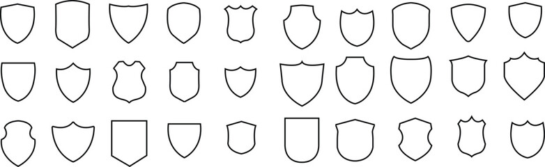 Shields set. Collection of security shield icons with contours and linear signs. Design elements for concept of safety and protection. eps10