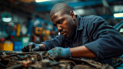 Portrait of a mechanic working on a car in an auto repair shop. A worker is rebuilding an engine over an open hood. Concept of work, automotive industry.