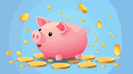 Piggy bank with coins on color background Vector illustration