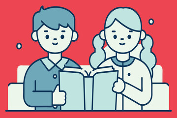 Two children are sitting on a couch reading a book