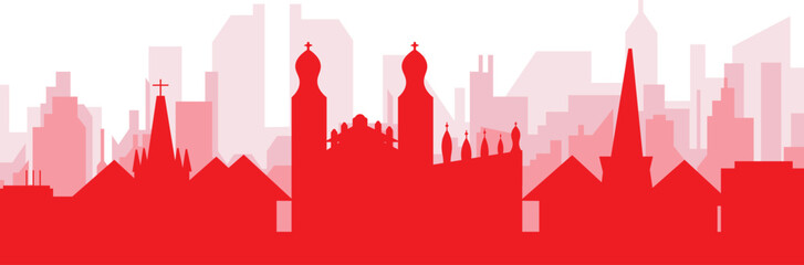 Red panoramic city skyline poster with reddish misty transparent background buildings of CAMBRIDGE, UNITED KINGDOM