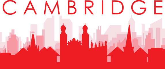 Red panoramic city skyline poster with reddish misty transparent background buildings of CAMBRIDGE, UNITED KINGDOM