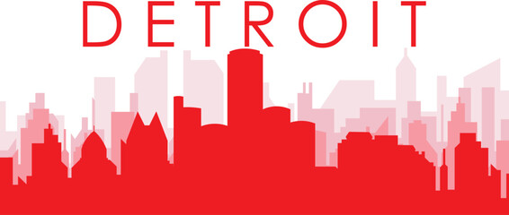 Red panoramic city skyline poster with reddish misty transparent background buildings of DETROIT, UNITED STATES