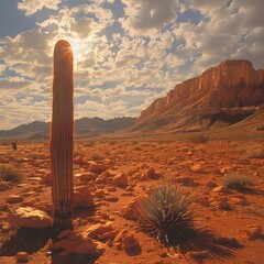 Harsh Noon Desert Solitude - A Lone Cactus Stands Defiant in Scorching Orange Wilderness