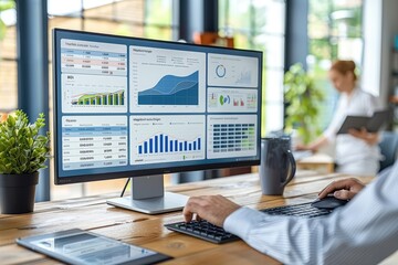 big widescreen monitor with charts and management dashboard in front of office desk professional photography