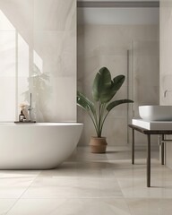 Modern and luxury design bathroom with bathtub, toilet bowl, vanity, washbasin, shelf and towel rail in sunlight Stylish bathroom interior design with marble panels.
