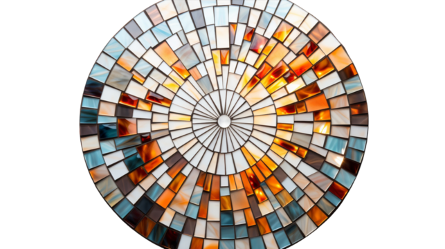 Circular stained glass window against a white background on transparent background