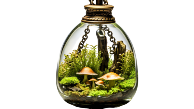 A glass jar filled with vibrant green moss and whimsical mushrooms on transparent background