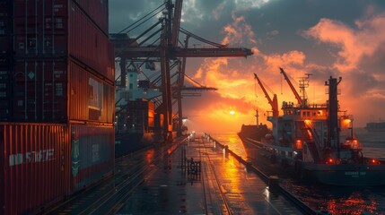Loading a commercial cargo ship at dawn, with a focus on the crane operators cabin. - obrazy, fototapety, plakaty