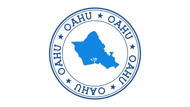 Oahu intro. Badge with the circular name and map of island. Oahu round logo animation.