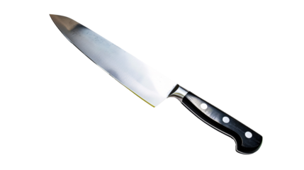 a large knife with a black handle