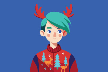 A young man wearing a red sweater with a Christmas tree and deer on it