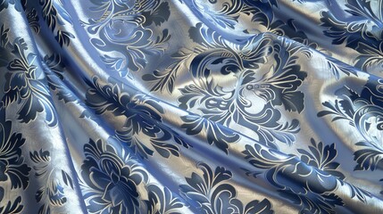 periwinkle blue and silver floral damask pattern on grey fabric, shiny metallic sheen - obrazy, fototapety, plakaty