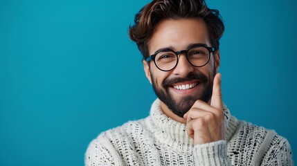 A Young handsome man with beard wearing casual sweater and glasses over blue background smiling doing phone gesture with hand and fingers like talking on the telephone, Communicating concepts - Powered by Adobe