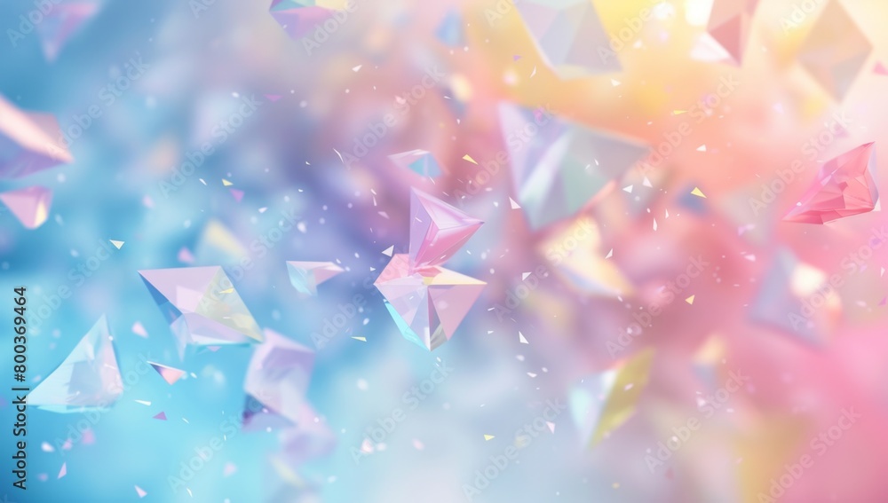 Poster a background with pastel colored triangles and squares floating in the air, creating an abstract des