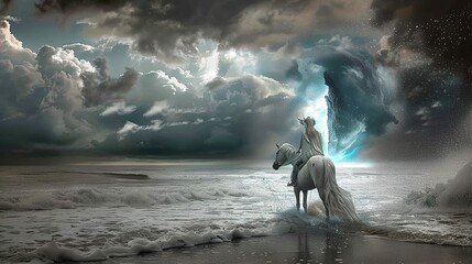 a beast- like woman, riding a white war horse, by the ocean, into the storm by the heavy clouds in the background