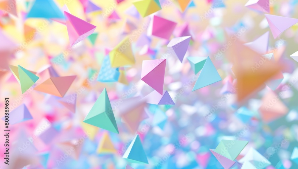 Poster a background with pastel colored triangles and squares floating in the air, creating an abstract des