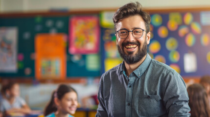 Fototapeta premium Portrait of a happy teacher standing in the middle of a bright classroom. A young male teacher is teaching young children. Education concept.