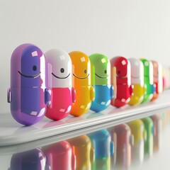 A variety of colorful, 3D rendered, cartoon characters in the shape of pills. The characters have various facial expressions and are standing in a row on a reflective surface.