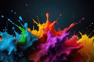 Fototapeta na wymiar Rainbow color paint splash background. Exploding liquid paint copyspace. Colorful wet paint splashes