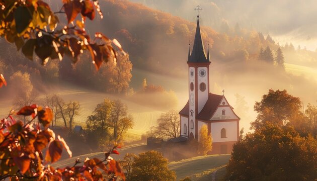 A beautiful church nestled in the rolling hills of Central Europe with soft morning mist and autumn foliage around it