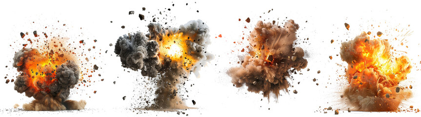 Fototapeta na wymiar Set of big explosions caused by falling rocket and isolation on transparent background