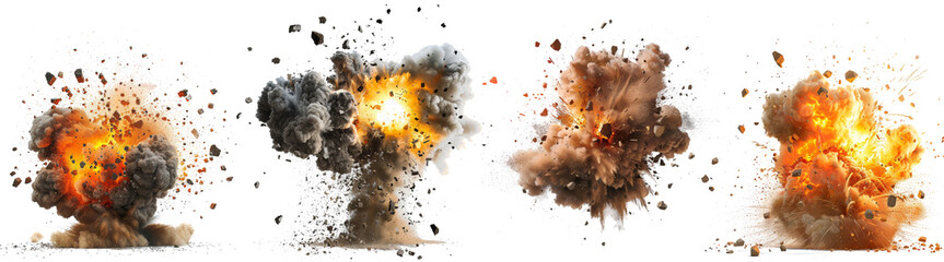 Set of big explosions caused by falling rocket and isolation on transparent background