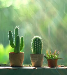 A closeup of three cacti in pots on a windowsill, with sunlight streaming through the window onto them.