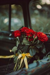 close up of red roses in the back seat of black car, green grass and yellow ribbons, blurry background