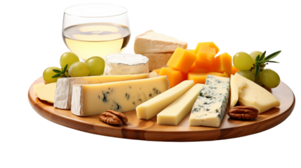 A beautiful arrangement of various cheeses on a platter, accompanied by a tall glass of red wine on transparent background