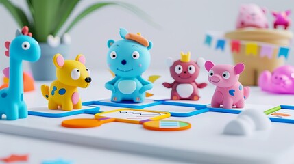 Fototapeta premium Create a fun and engaging board game for kids. The game should be educational and promote creativity. Use bright and colorful characters and make the game easy to learn and play.