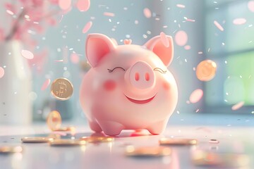 A pink piggy bank sits on a table as coins rain down on it. The background is soft pink and white. The piggy bank is smiling. - obrazy, fototapety, plakaty