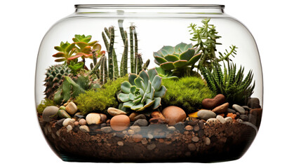 Glass jar brimming with lush green plants and scattered rocks on transparent background
