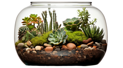 Glass jar brimming with lush green plants and scattered rocks on transparent background