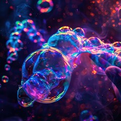 An iridescent air bubble on a background with a gradient. A lot of bubbles are flying in a chaotic manner.