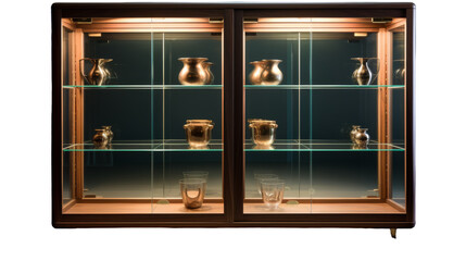 A display case filled with glass shelves showcasing an assortment of colorful and intricate vases on transparent background