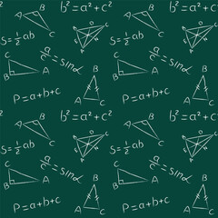 Seamless pattern of chalk geometric triangle and theory formula. Doodle math blackboard. Handwritten white chalked geometry signs and equations on green school chalkboard background