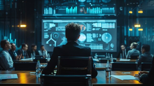 Office meeting with a live economic update broadcasted on a projector, discussing implications for the business.