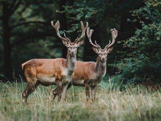 Naklejka na ściany i meble two deer in the forest, one male and one female with antlers on their heads with a grassy field background,
